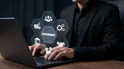 Naklejka premium Businessman typing on laptop with virtual procurement and logistics management network