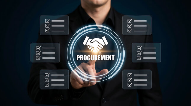 Businessman pointing at virtual procurement handshake icon with checklist network