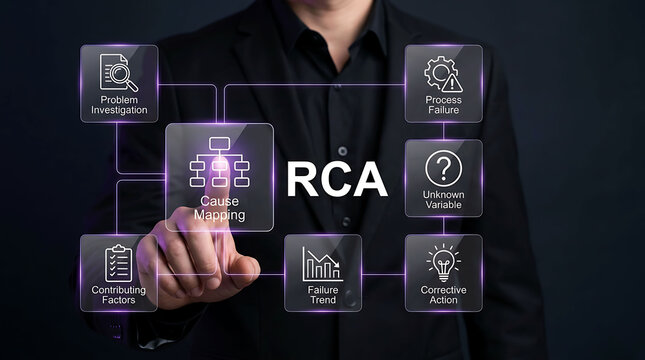 Businessman pointing at virtual RCA interface with cause mapping and problem solving icons