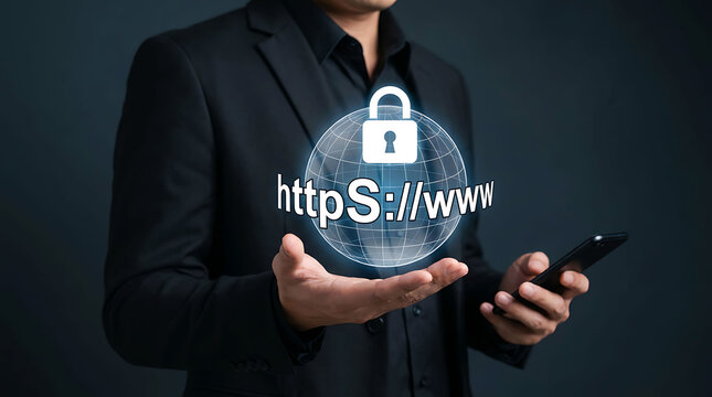 Businessman holding virtual global HTTPS secure lock icon with smartphone in hand