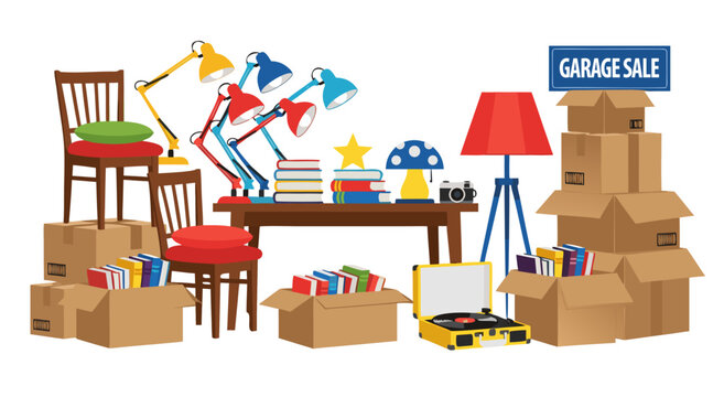 Garage Sale Vector Illustration of Household Items and Furniture Ready for a Second Life