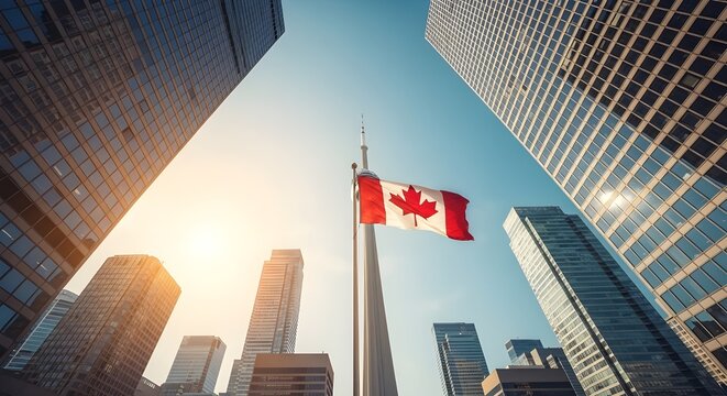 Canadian flag waving in the wind against a backdrop of modern skyscrapers in downtown toronto, ontario, canada