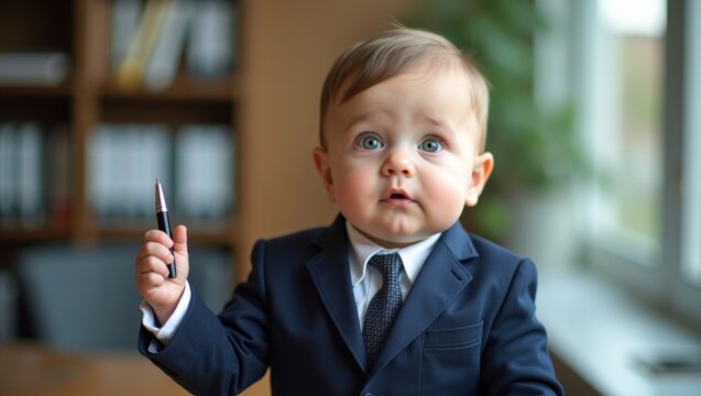 Young child in a navy suit holding a pen, looking curiously at the camera in a modern office setting with bookshelves and large windows in the background