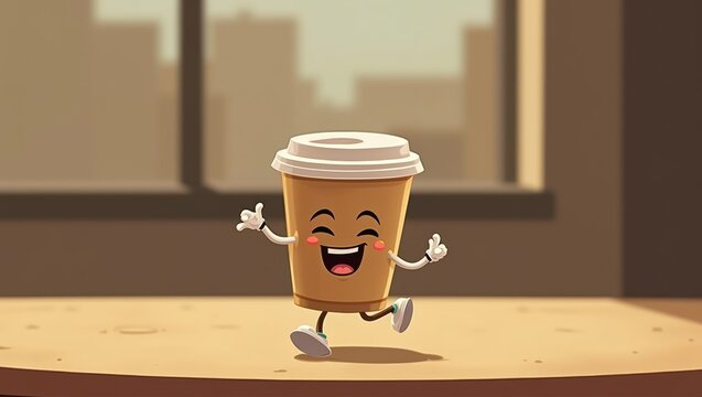 Cartoon coffee cup character with a smiling face and arms, joyfully dancing on a wooden table in a bright room with a cityscape background