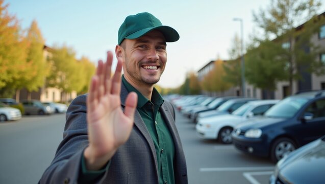 Smiling male parking attendant wearing green cap and jacket waves hand while standing in a parking lot with parked cars and trees in the background