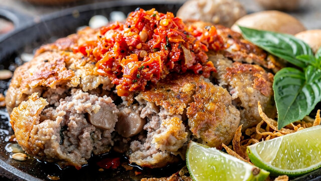 Indonesian fried meatball bakso goreng served on hot plate with rich chili sambal and lime