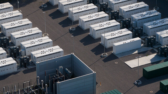 Aerial view of Elia TS Ville sur Haine battery storage facility with rows of white units and electrical infrastructure in Mons, Region wallonne, Belgium.