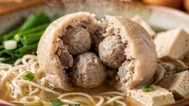 Indonesian large meatball bakso beranak served with noodles and tofu in hot savory broth
