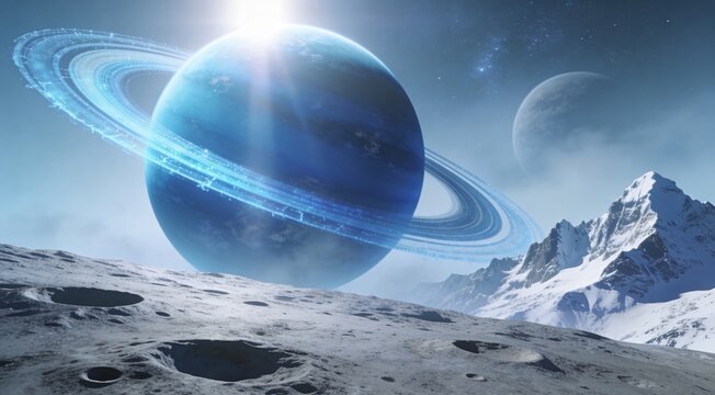Majestic planet with rings over icy lunar landscape and distant stars