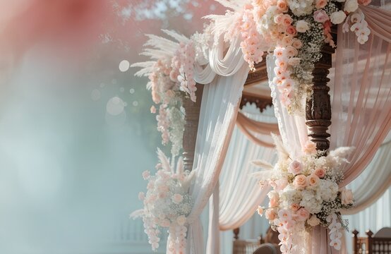 Elegant pastel pink Indian wedding mandap background with copy space