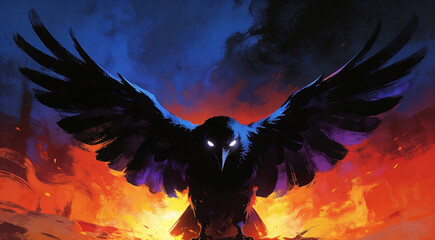 Obraz premium Dark mystical raven with glowing eyes against fiery background