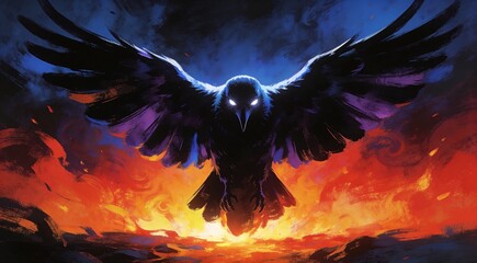 Obraz premium Majestic black raven soaring against a fiery sunset sky