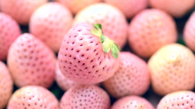 White strawberry background, Pineberry. Strawberry, fresh ripe white strawberries background close up. Organic Vegetarian healthy food backdrop, macro shot, top view, rotating