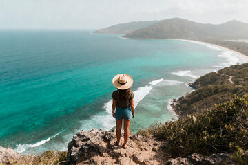 Fototapeta premium Woman standing on cliff overlooking turquoise ocean and coastline