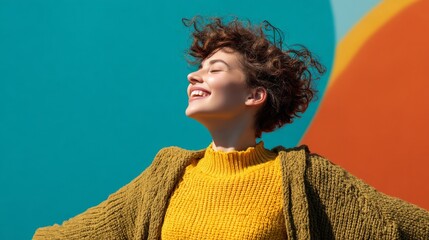 Fototapeta premium Young woman with curly hair enjoying the sun against a colorful backdrop.