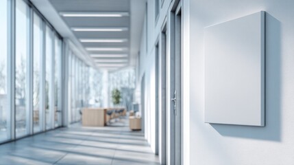 Fototapeta premium Minimalist office corridor featuring empty wall for display and bright lighting.