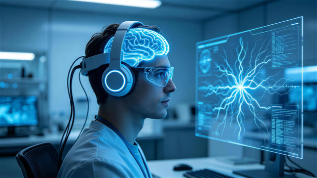Futuristic Brain Interface: A young scientist wearing a headset and futuristic goggles interacts with a holographic display of a human brain, signifying advancements in neuroscience and technology.