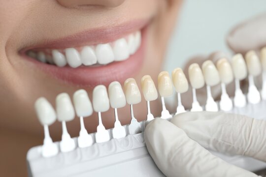 The dentist uses a tooth color sample from the palette. Choosing the shade of dental veneers. Veneers and crowns made of multilayer lithium disilicate and painting. Dental treatment concept