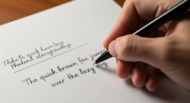 Close Up Hand Writing Cursive Sentence with Black Pen on White Paper