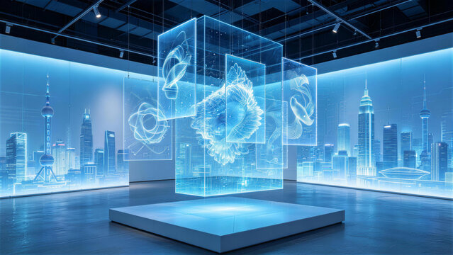 Future City Exhibition: A captivating display of futuristic urban architecture and abstract holographic art, bathed in cool blue light, suggests a world of innovation and advanced technology.