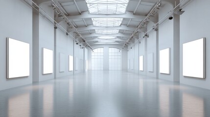 Naklejka premium Bright, modern art gallery with large blank frames and an open floor layout.