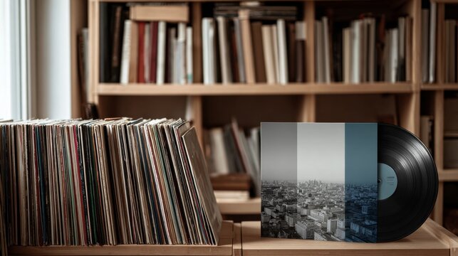 Vinyl record on display beside a collection of classic records in a cozy library.