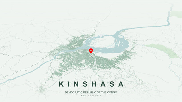 Minimalist vector map of Kinshasa, Democratic Republic of the Congo. High-quality scalable illustration of Kinshasa city grid, historic Gombe layout, Malebo Pool waterfront for posters and design.