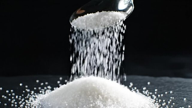 Sugar crystals being poured from a silver spoon onto a pile against a black background