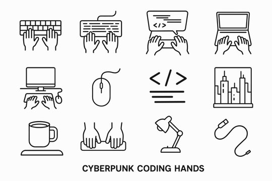 Cyberpunk Coding Icons. Cyberpunk coding hands. Line outline icon set of Cyberpunk coding hands: hands typing,