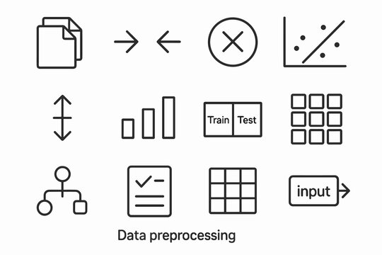 ML Data Preprocessing Icons. Data preprocessing for ML. Line outline icon set of data preprocessing for ML: