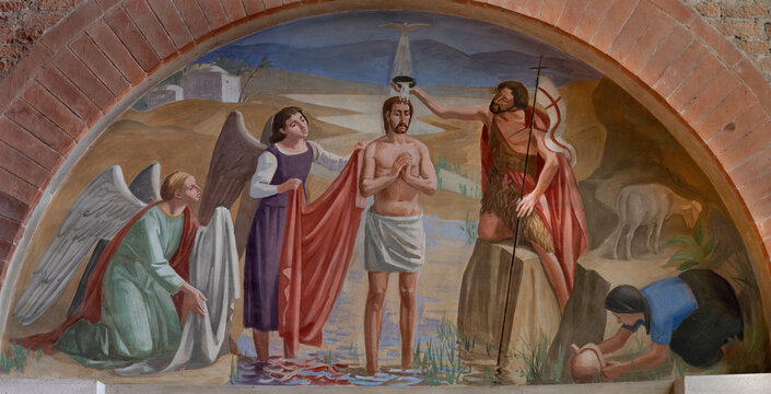 PIACENZA, ITALY - MAY 19, 2025: The moodern fresco of Baptism of Jeus in the church in Basilica di San Giovanni in Canale by unknown artist from 20. cent. 