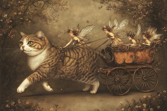 Whimsical fairies ride a cat-drawn carriage in enchanted forest