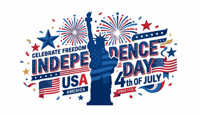 USA Independence Day Poster with Statue of Liberty Fireworks and American Flag Vector Design © MstLutfa