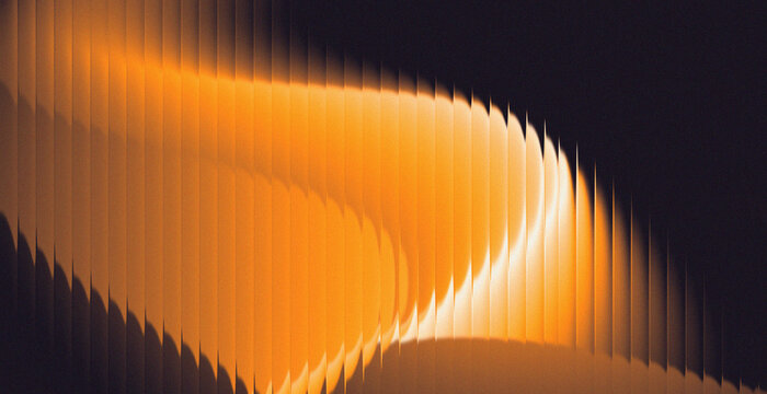 Abstract dark background with glowing orange amber ribbed vertical stripe arc and white light edge for dramatic cinematic and music design