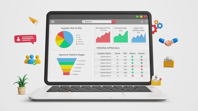 Digital Procurement Process. Business Contract, Invoice Verification, Supply Chain Compliance System, Global Business Management, Data Analysis. Supplier Approval Dashboard on a 3D Laptop. 4K 3D Video