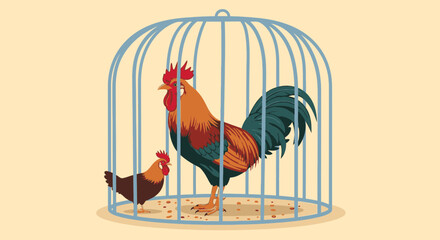 Rooster and hen inside a cage illustration against a simple beige background