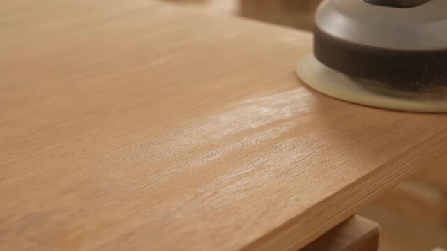 Close-up of electric orbital sander smoothing varnished wooden tabletop edge with foam pad in workshop under warm lighting