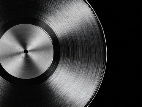 vintage vinyl record close up on black background classic analog music disc texture with shiny silver metallic reflection grooved surface for audio dj retro nostalgy musical branding background