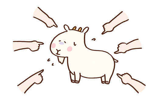 Goat looking bewildered while being pointed at by many people, scapegoat and blaming concept