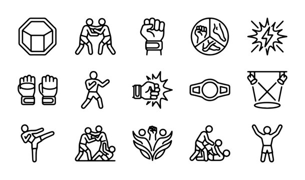 15 MMA Icons Set, Combat Sports Vector Graphics, Fighting Championship Symbols, Martial Arts Elements