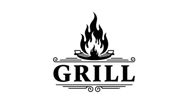 Grill logo with flames and decorative elements for barbecue and restaurant branding.