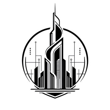 Futuristic city skyline with skyscrapers emblem logo vector illustration