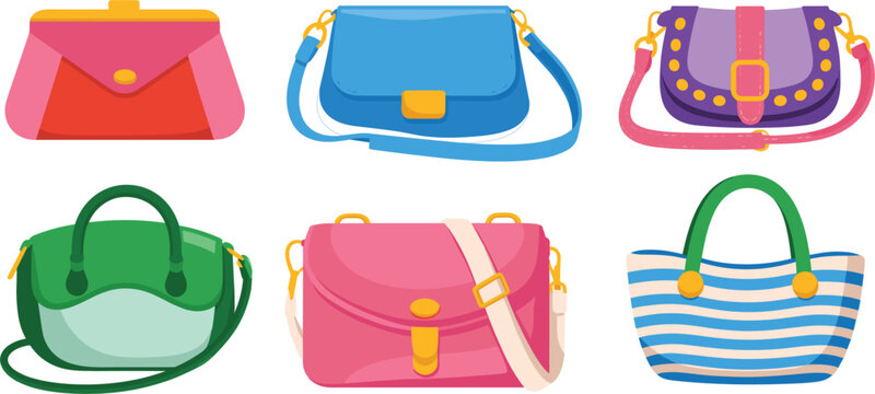 Set of colorful female handbags and shoulder purses isolated on white background, vector illustration