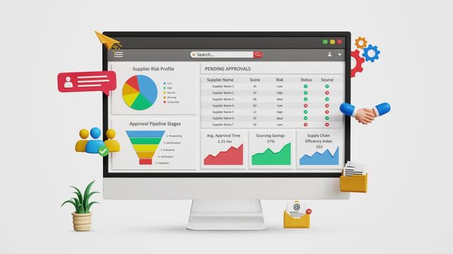 Digital Procurement Process. Business Contract, Invoice Verification, Supply Chain Compliance System, Global Business Management, Data Analysis. Supplier Approval Dashboard on a 3D Computer. 3D Video