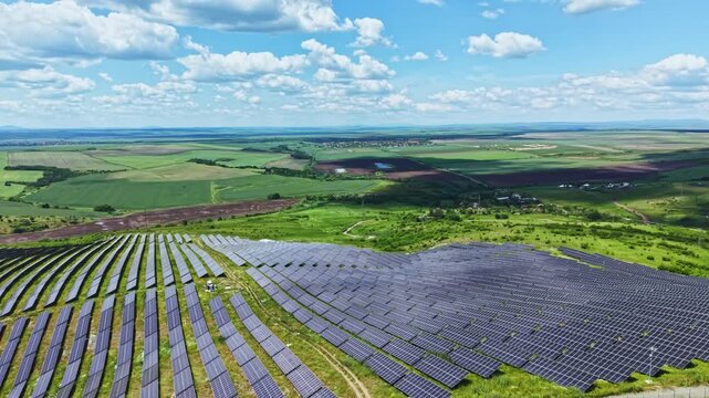 Aerial lavender fields under blue sky, endless purple rows across rolling countryside sunlit horizon, gentle breeze moving blossoms, occasional bees