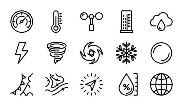Weather Icons Set: Meteorology, Climate, Forecast, Meteorology Instruments, 15 Vector Elements
