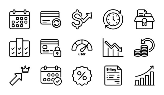 Financial Icons Set: Calendar, Credit Card, Dollar, Time, Box, Graph, Coins, Crown, Discount, Billing