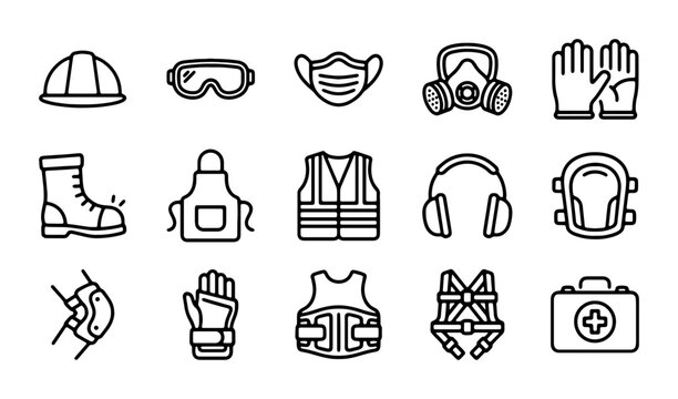 Personal Protective Equipment Icons, Safety Gear Vector Set, Hard Hat, Gloves, Respirator, Goggles, Workwear