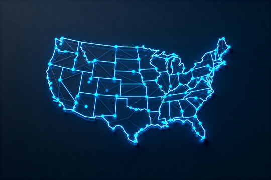 Glowing Digital Map of the United States with Network Connection Points