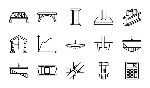 Structural Engineering Icons: Bridges, Beams, Foundations, and Calculations Vector Set